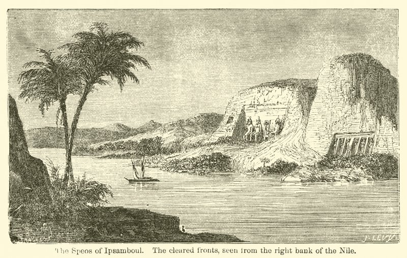El Speos de Ipsamboul, las fachadas despejadas, vistas desde la orilla derecha del Nilo de French School