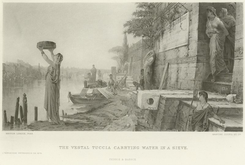 La vestal Tuccia llevando agua en un tamiz (grabado) de French School
