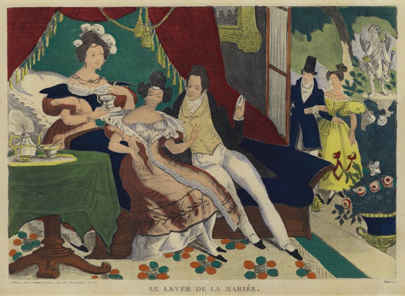 La novia levantándose por la mañana (litografía en color) de French School