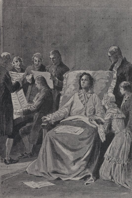 El moribundo Wolfgang Amadeus Mozart escuchando a sus amigos interpretar su cantata En Alabanza de la Amistad (grabado) de French School