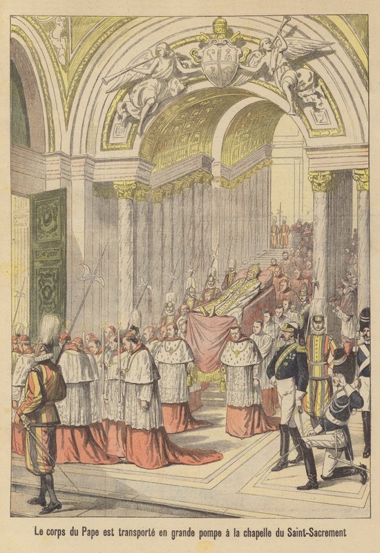 El funeral del Papa León XIII (litografía en color) de French School