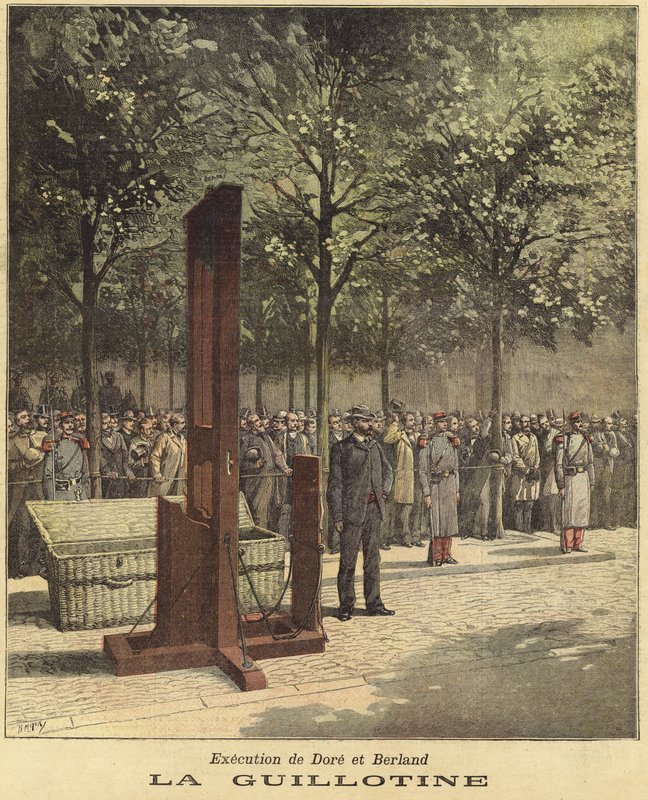 La guillotina utilizada para la ejecución de Dore y Berland de French School