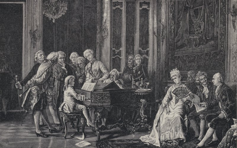 Wolfgang Amadeus Mozart de siete años tocando ante el rey Jorge III en Londres, 1764 de French School