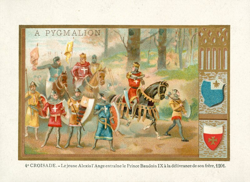El joven Alexios IV Angelos lleva a Baldwin IX, Conde de Flandes, a liberar a su hermano, Cuarta Cruzada de French School