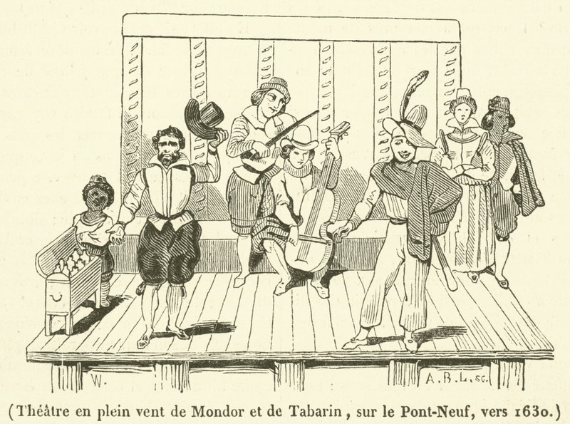 Teatro al aire libre de Mondor y Tabarin, en el Pont-Neuf, hacia 1630 (grabado) de French School