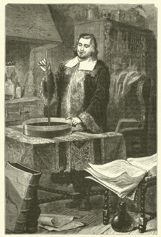 Torricelli inventando el barómetro (grabado) de French School
