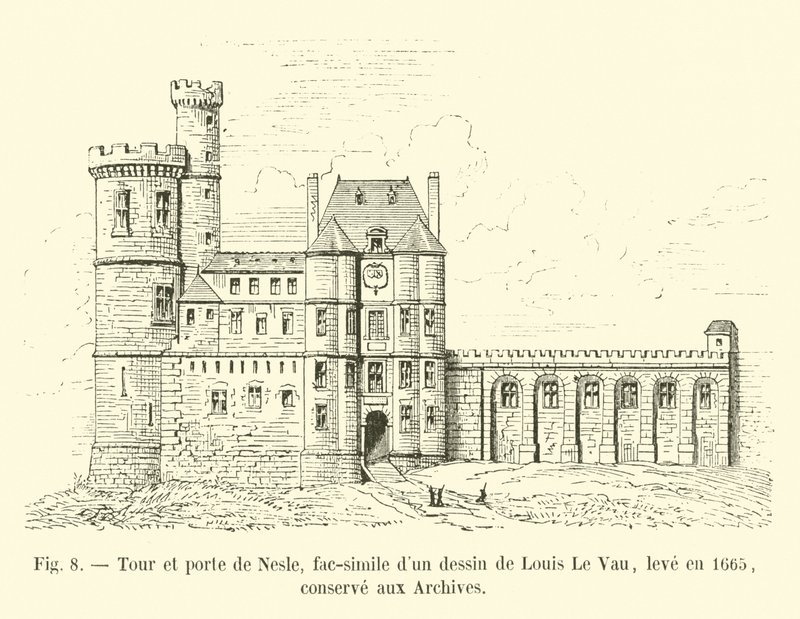 Torre y puerta de Nesle, facsímil de un dibujo de Louis Le Vau, levantado en 1665, conservado en los Archivos de French School