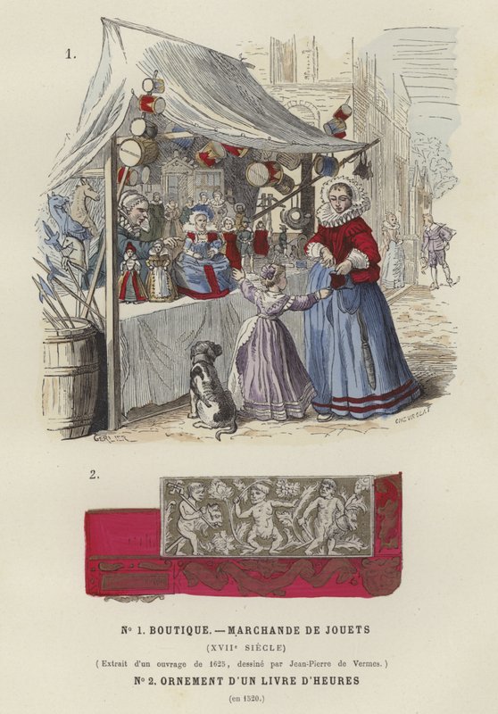 Puesto de juguetes, siglo XVII, y detalle decorativo de un libro de horas, 1520 de French School
