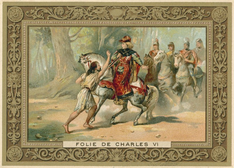 Tarjeta comercial que representa un ataque al rey Carlos VI de Francia de French School