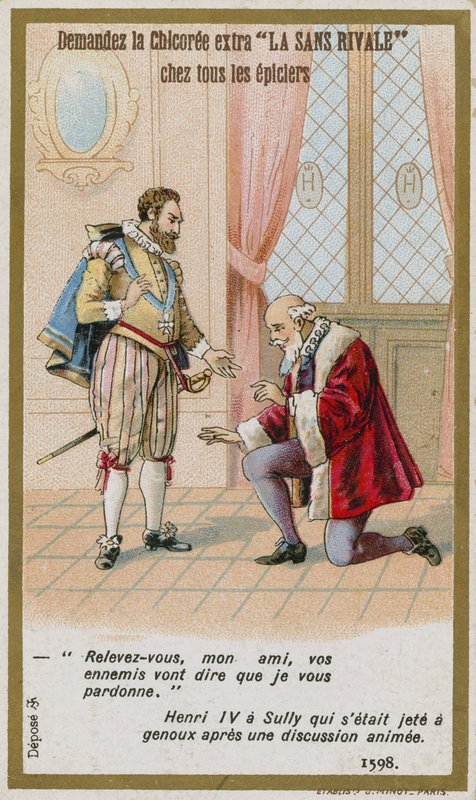 Tarjeta comercial que representa la respuesta del Rey Enrique IV de Francia al Duque de Sully de French School