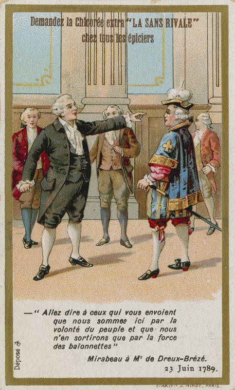 Tarjeta comercial que representa la respuesta del conde de Mirabeau al marqués de Dreux-Brézé de French School