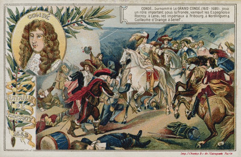Tarjeta comercial con una imagen que representa la Batalla de Rocroi de French School