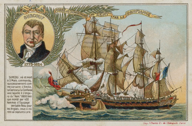 Tarjeta comercial con una imagen que representa la captura del East Indiaman Kent por la Confiance de French School