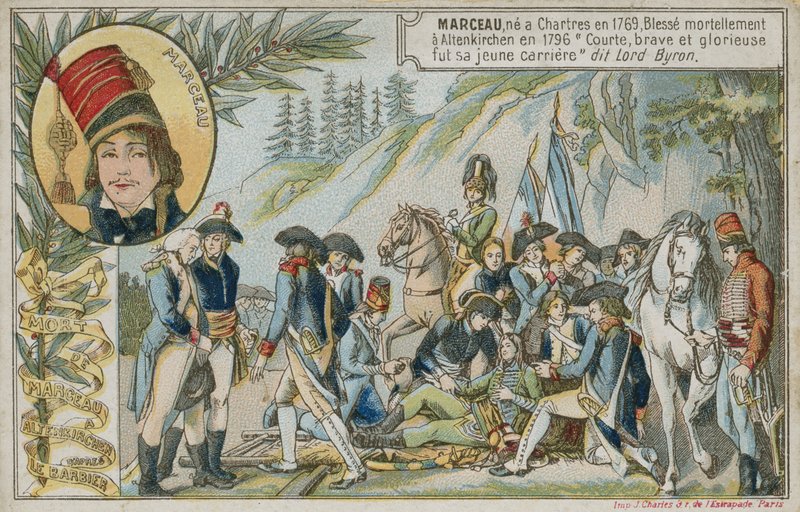 Tarjeta comercial con una imagen que representa la muerte del general francés Marceau-Desgraviers de French School