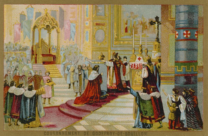 Tarjeta comercial con una imagen de la coronación de Godofredo de Bouillon de French School