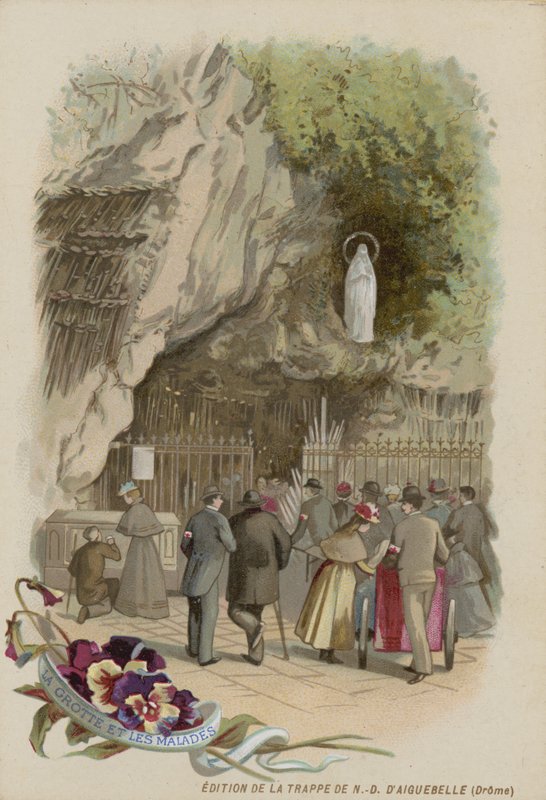 Tarjeta comercial con una imagen de la gruta de Lourdes de French School