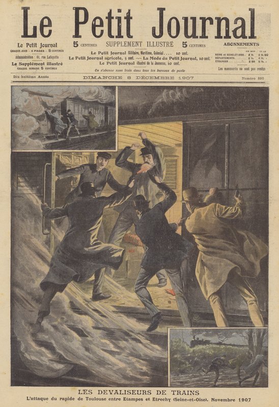 Ladrones de trenes (litografía en color) de French School