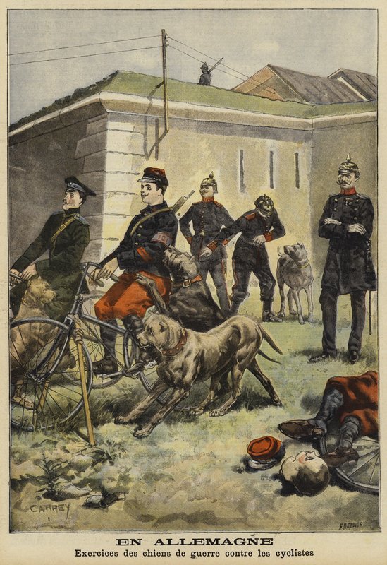 Entrenamiento de perros del ejército para atacar ciclistas, Alemania de French School