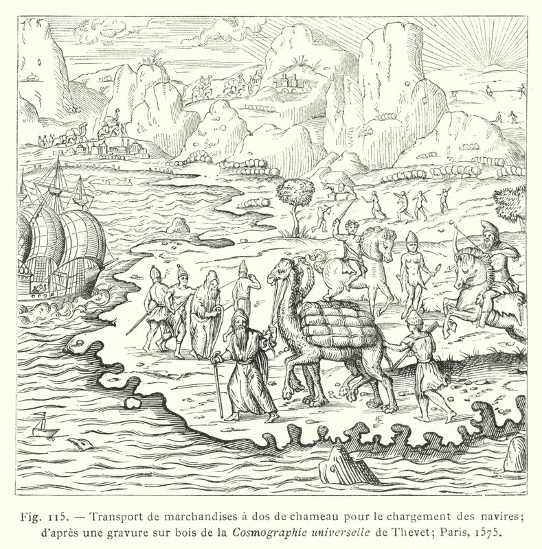 Transporte de mercancías a lomos de camello para la carga de los barcos; según un grabado en madera de la Cosmografía universal de Thevet; París de French School