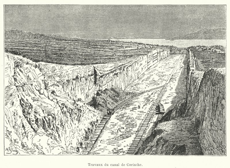 Trabajos del canal de Corinto (grabado) de French School