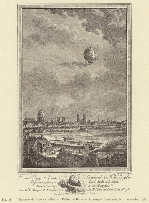 Travesía de París en globo por Pilâtre de Rozier y el marqués de Arlandes, el 21 de noviembre de 1783 (grabado) de French School