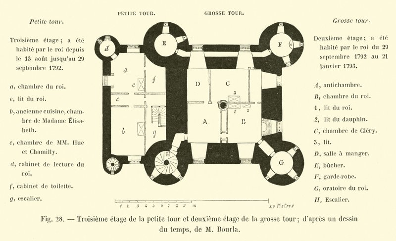 Tercer piso de la pequeña torre y segundo piso de la gran torre; según un dibujo de la época, de M. Bourla de French School