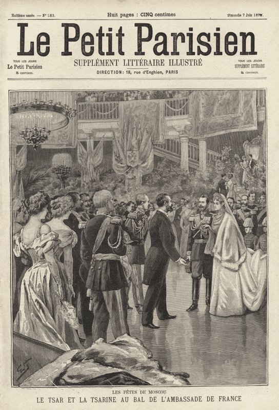 El zar Nicolás II y la zarina Alexandra asistiendo a un baile en su honor en la Embajada Francesa en Moscú tras su coronación de French School