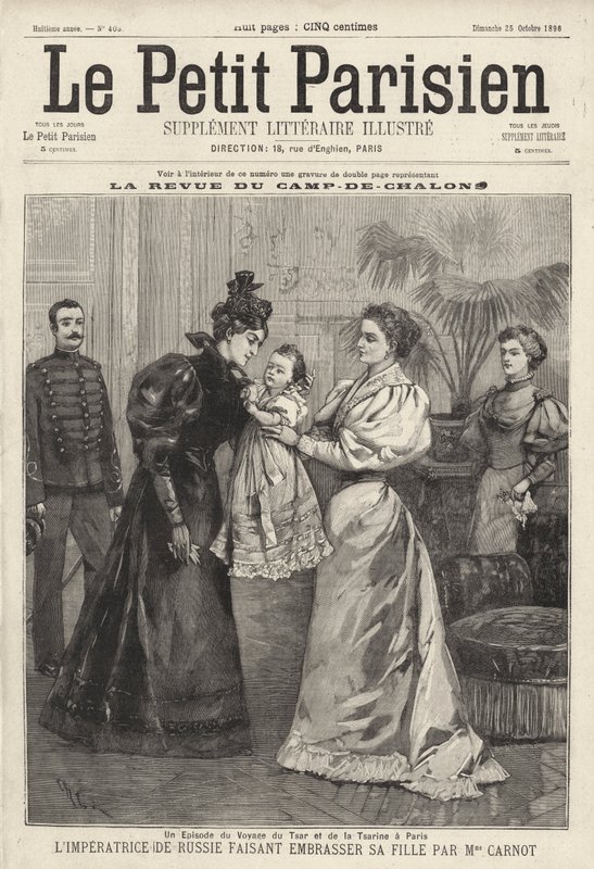 La zarina Alexandra de Rusia invitando a la viuda del presidente francés Sadi Carnot a besar a su hija, la Gran Duquesa Olga, durante la visita de la Familia Imperial Rusa a París de French School
