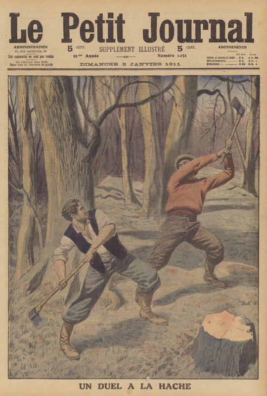 Dos leñadores peleando con hachas de French School