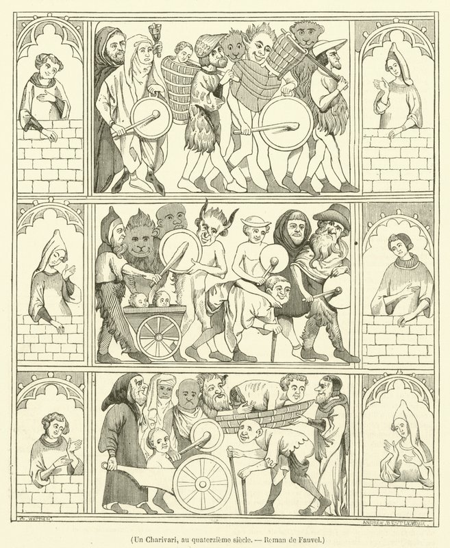 Un Charivari, au quatorzieme siecle, Roman de Fauvel (grabado) de French School