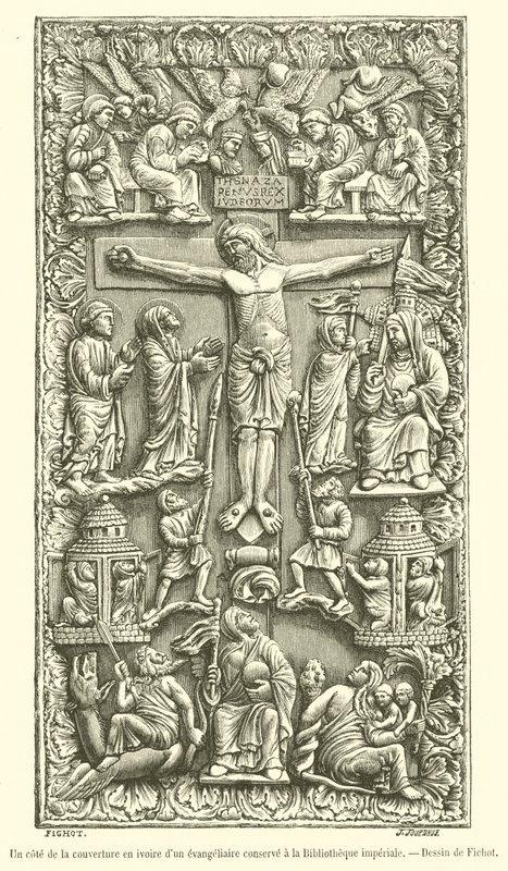 Un lado de la cubierta en marfil de un evangeliario conservado en la Biblioteca Imperial de French School
