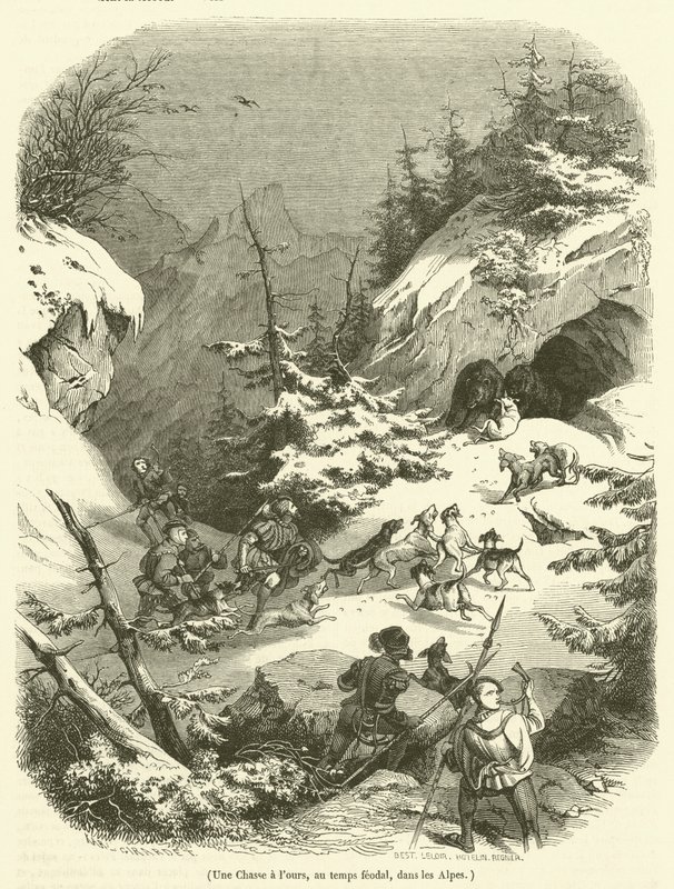 Una caza de osos, en tiempos feudales, en los Alpes de French School