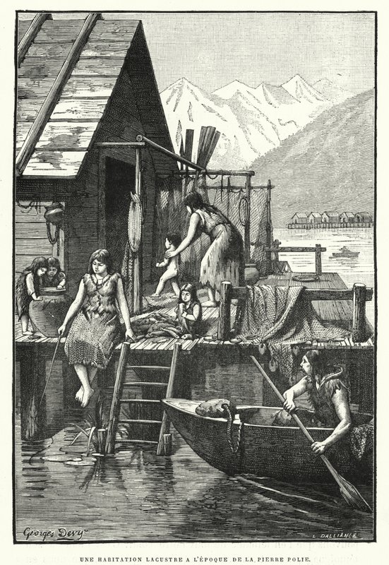 Una habitación lacustre en la época de la piedra pulida de French School