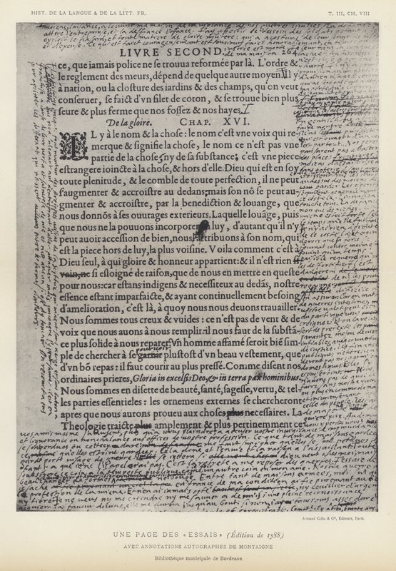 Una página de los Ensayos, edición de 1588, con anotaciones autógrafas de Montaigne de French School