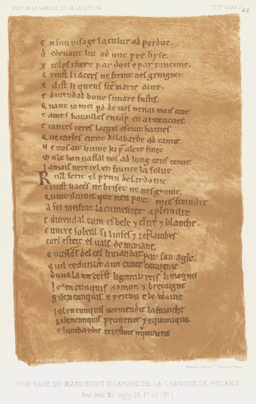 Una página del manuscrito de Oxford de la Canción de Roland de French School