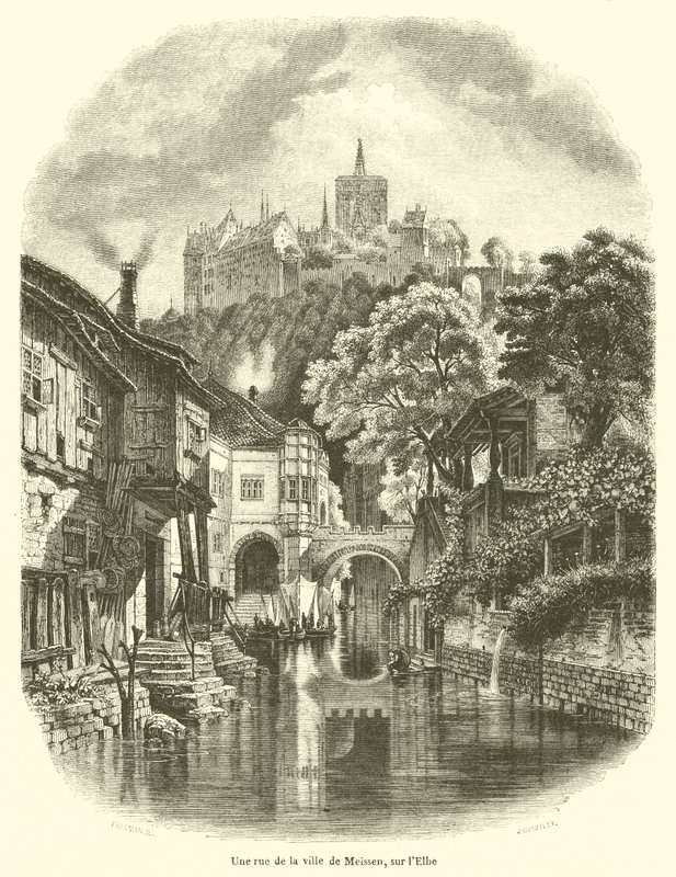 Una calle de la ciudad de Meissen, sobre el Elba de French School