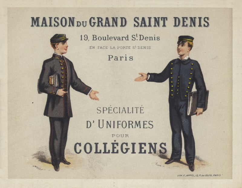 Uniformes para colegiales franceses, anuncio de Maison du Grand Saint Dennis de French School
