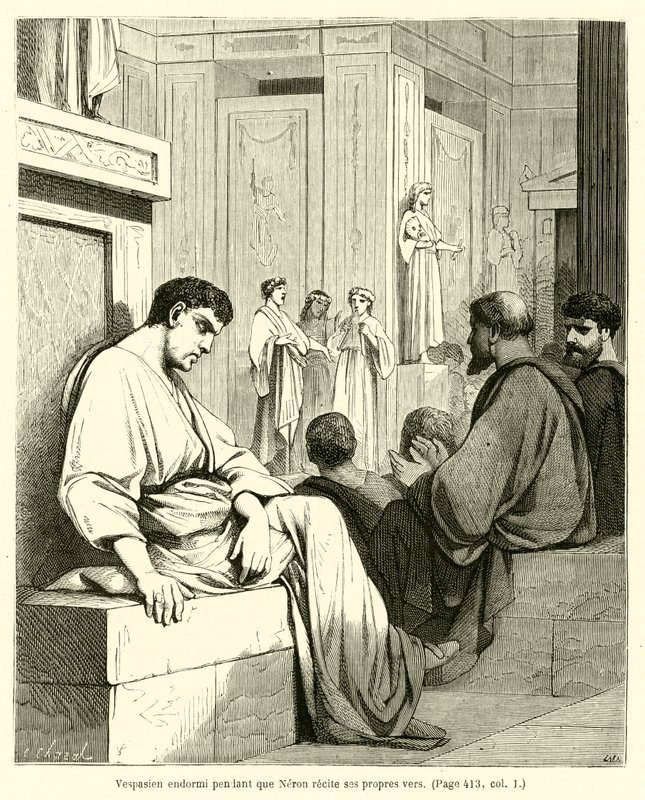 Vespasiano dormido mientras Nerón recita sus propios versos de French School