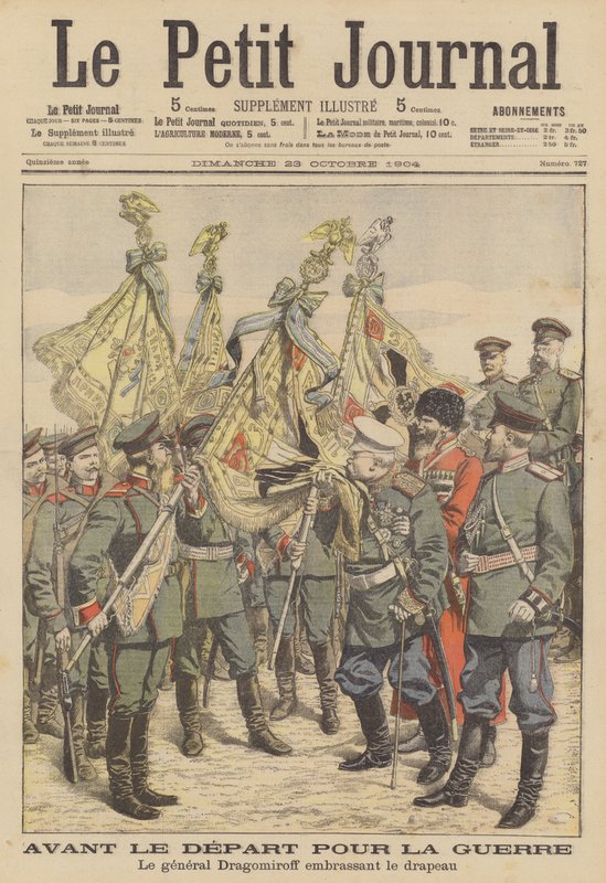 El veterano general ruso Mikhail Dragomirov besa la bandera de un regimiento que parte hacia la guerra ruso-japonesa (litografía en color). de French School