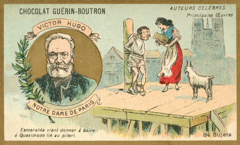 Victor Hugo, autor francés, y una escena de su novela Notre Dame de París de French School