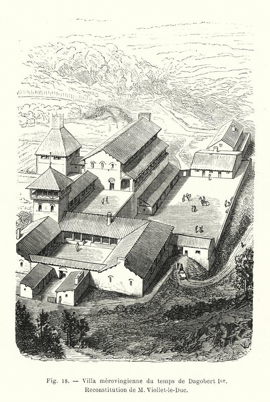 Villa merovingia del tiempo de Dagoberto I, Reconstitución de M Viollet-le-Duc (grabado) de French School