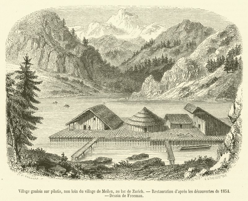 Pueblo galo sobre pilotes, cerca del pueblo de Meilen, en el lago de Zúrich de French School