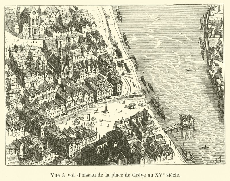 Vista aérea de la plaza de Greve en el siglo XV de French School