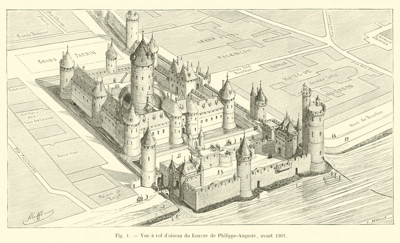 Vista aérea del Louvre de Philippe-Auguste, antes de 1362 de French School
