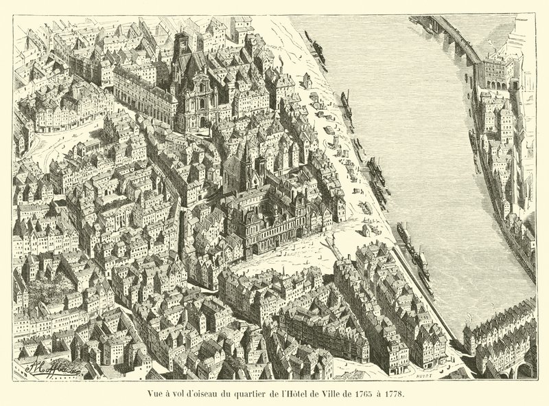 Vista aérea del barrio del Hôtel de Ville de 1765 a 1778 de French School