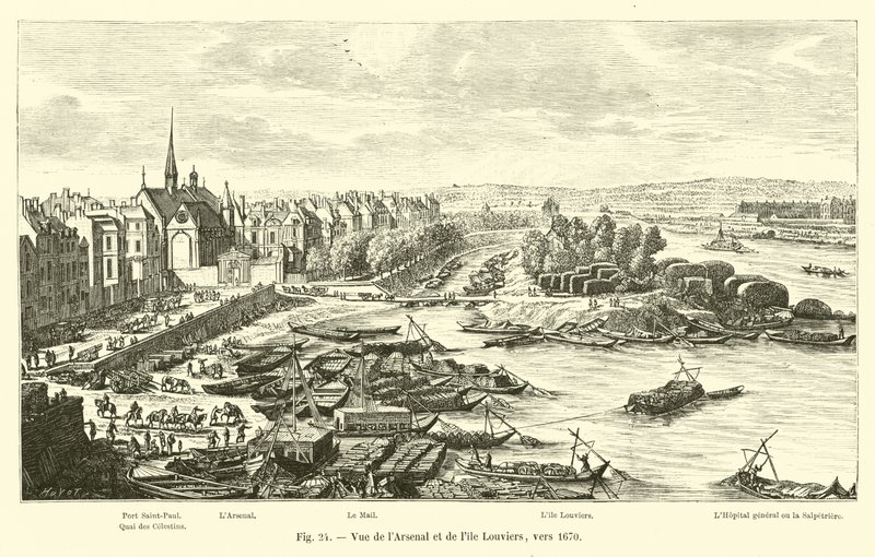 Vista del Arsenal y de la isla Louviers, hacia 1670 de French School