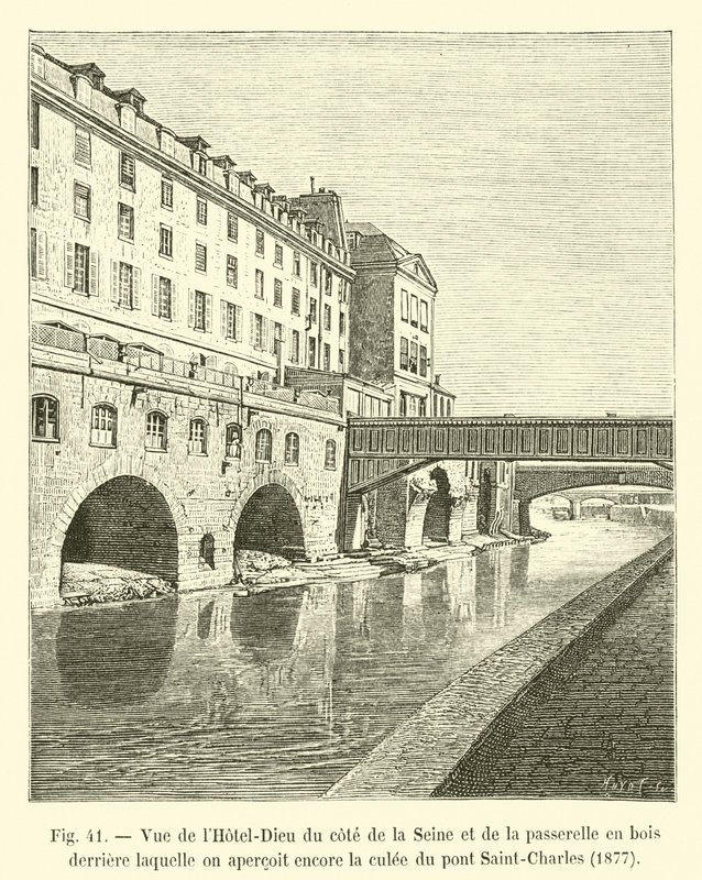 Vista del Hôtel-Dieu desde el lado del Sena y de la pasarela de madera detrás de la cual aún se ve el estribo del puente Saint-Charles, 1877 de French School
