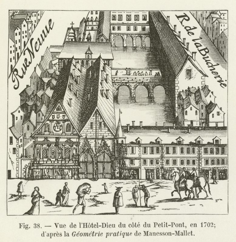 Vista del Hôtel-Dieu desde el lado del Petit-Pont, en 1702; según la Geometría práctica de Manesson-Mallet de French School