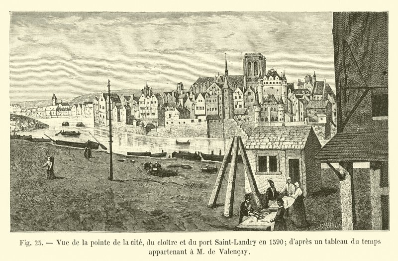 Vista de la punta de la ciudad, del claustro y del puerto Saint-Landry en 1590; según una pintura de la época perteneciente a M de Valencay de French School
