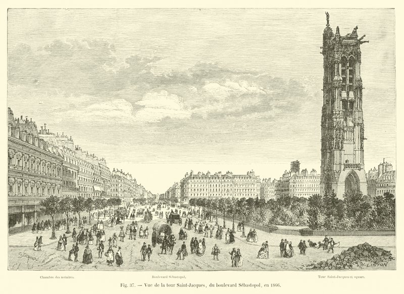 Vista de la torre Saint-Jacques, del boulevard Sébastopol, en 1866 de French School